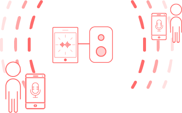 Image showing an emitting device playing an audio code through a speaker and users detecting the code.